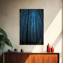 Cargar imagen en el visor de la galería, Birch Tree Forest At Night, Starry Night Sky, Framed Canvas Print, Boho Minimalist Farmhouse Decor, Primitive Art
