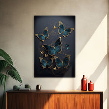 Load image into Gallery viewer, Blue Butterflies Canvas Print Wall Art, Blue and Gold Butterfly Canvas Painting, Butterfly Wall Decor, Home Gift, ready to hang decor
