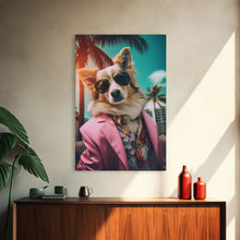 Load image into Gallery viewer, Corgi Wall Print, Dog Wall Art, Dog Sunglasses, Pink Suit, Floral Shirt, Funny Art, Framed Wall Art, Framed Canvas, Wall Print, Wall Canvas
