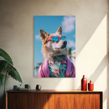 Load image into Gallery viewer, Corgi In Pink Suit Sunglasses Wall Print, Animal Print, Dog Portrait, Dog Art Print, Framed Wall Art, Framed Canvas, Wall Print, Wall Canvas

