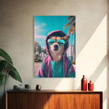 Load image into Gallery viewer, Corgi In Pink And Blue Hoodie Sunglasses Wall Print, Dog Art Print, Dog Portrait, Framed Wall Art, Framed Canvas, Wall Print, Wall Canvas

