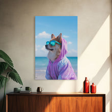 Cargar imagen en el visor de la galería, Corgi In Purple Hoodie Sunglasses Wall Print, Beach Art, Dog Print, Dog Portrait, Framed Wall Art, Framed Canvas, Wall Print, Wall Canvas
