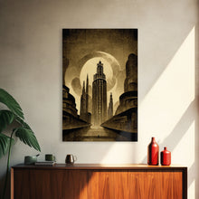 Load image into Gallery viewer, Dystopian Metropolis Art Deco Canvas Print, City Skyline, Fantasy Art, Art Deco Living Room Art, ready to hang wall art
