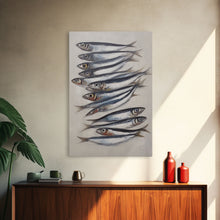 Cargar imagen en el visor de la galería, Sardines Art Print - Framed Canvas Art - Oil Painting Still Life Print - French Kitchen Art - Restaurant Art - Boho Farmhouse Decor
