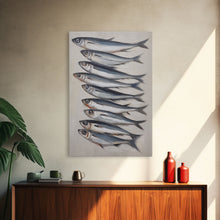Cargar imagen en el visor de la galería, Minimalist Sardines Art Print - Framed Canvas Art - Oil Painting Still Life Print - French Kitchen Art - Restaurant Art - Boho Farmhouse Art
