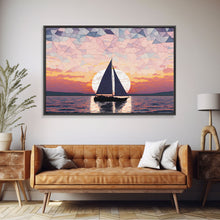 Load image into Gallery viewer, Sailing Under a Stained Glass Sky, Framed Canvas Print, Canvas Art, Nautical Art Deco Style Sunset Art
