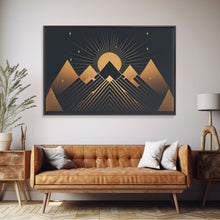 Carregar imagem no visualizador da galeria, Art Deco Style Mountain landscape at Sunset, Framed Canvas Print, Large Format Wall Art, Huge Wall Decor, Black and Gold
