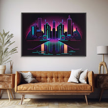 Cargar imagen en el visor de la galería, Retro Style Synthwave Wireframe City, Outrun Style, Framed Canvas Print, 80s Vibes Art

