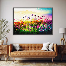 Load image into Gallery viewer, Field Of Rainbow Colored Wild Flowers, Watercolor, Framed Canvas Print, Original Art, Large Format Art, huge living room art

