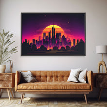 Load image into Gallery viewer, Outrun Style Futuristic Cyberpunk City Skyline at Sunset, Concept art, framed canvas print, dystopian art
