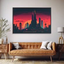 Load image into Gallery viewer, Outrun Style Pixel Art Futuristic Cyberpunk City Skyline at Sunset, Concept art, framed canvas print, dystopian art
