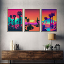 Carregar imagem no visualizador da galeria, California Desert Art, Retro / Vaporwave / Synthwave 80s Vibes 3 Piece Canvas Prints, Game Room Art, Living Room / Bed Room Retro Decor
