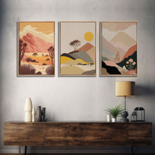 Load image into Gallery viewer, Abstract Cactus Desert Print Set of 3 Prints, Boho Decor, Desert Sun Moon Wall Art, Terracotta Blush Black Art, Framed Canvas
