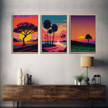 Load image into Gallery viewer, Triptych 3 panel Wall Art, Framed Canvas Prints, Synthwave Landscape Decor, MCM 80s Vibes Retro Style 3 Piece Art
