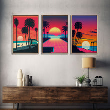 Load image into Gallery viewer, Midcentury Modern Wall Art, Mid Century Modern, 3 Piece Framed Canvas, 3 Panel Art, Triptych Art, Vaporwave Palm Trees and Sunset, 80s Retro
