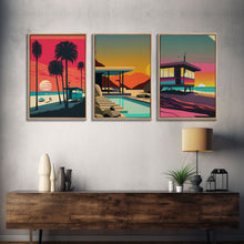 Load image into Gallery viewer, MCM Style Retro Wall Decor, Framed Canvas Prints, Triptych 3 Panel Wall Art, Retrowave Beach Art, Synthwave / Vaporwave Architecture Art
