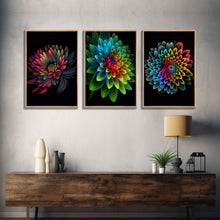 Cargar imagen en el visor de la galería, Triptych 3 Panel Wall Art - Framed Canvas Prints - Neon Flowers - Retro Style Flower Paintings - Boho Decor - Minimalist Wall Art - Modern
