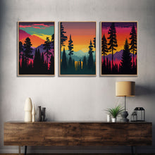 Load image into Gallery viewer, 3 Piece Retro Style Forest Wall Art Canvas Print, Set of 3 Forest Landscape Art, Green Forest, Nature, Modern Art, Minimalist, Misty, Decor
