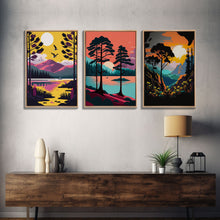 Load image into Gallery viewer, 3 Piece Framed Canvas Wall Art Wood Panel Effect Mountain Range Top Print Modern Art, Rustic Living Room Wall Art, Western Decor, Retro Feel
