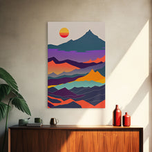 Load image into Gallery viewer, Scandinavian Inspired Pacific Northwest Art, Minimalist Boho Style Forest Landscape, Framed Canvas Art, Abstract Art, Purple Mountains
