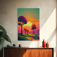 Load image into Gallery viewer, Retro Pop Art Landscape Art At Sunset, Framed Canvas Print, Outrun Style Trees and Sunset, Living Room Art
