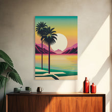 Load image into Gallery viewer, Framed Canvas Print - Art Deco Sunset Scene - Mountains, Palmtrees &amp; Beaches - Retro Style Art - Living Room Decor

