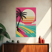 Load image into Gallery viewer, Framed Art Deco Canvas Print - Sunset Beach Scene, Minimalist Palms, Retro Style - Pink and Turquoise Vaporwave Art
