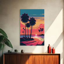 Load image into Gallery viewer, Framed Canvas Print - Art Deco Sunset, Beaches, Minimalist Palm Trees, Retro Synthwave, Vaporwave, 80s Vibes, Gamer Art, Bar Decor
