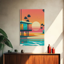 Carregar imagem no visualizador da galeria, Art Deco Sunset Beach Canvas Print, Minimalist Retro Palmtree Vibe, Vaporwave Art, 80s Retro Vibes, Miami Inspired Art
