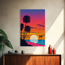 Load image into Gallery viewer, Framed Canvas Print - Art Deco Sunset, Beaches, Minimalist, Palmtrees, Retro Style, Synthwave, Vaporwave, 80s Style Decor, Palme Trees
