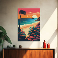 Load image into Gallery viewer, Framed Canvas Print | Art Deco Sunset, Beach, Palm Trees, Retro Style, Synthwave, Vaporwave, Island Vibes, Minimalist Beach Art
