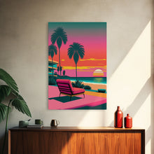 Load image into Gallery viewer, Framed Canvas Print – Art Deco Sunset Beach, Minimalist, Retro, Palm Trees, Synthwave, Vaporwave, Island Vibes, Lounging, Synthwave Deco
