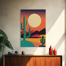 Load image into Gallery viewer, Pop Art Framed Canvas Print of Desert Landscape at Sunset, Outrun Style Sunset Full Moon Art, Unique 80s Vibe Retro Art, Art Deco
