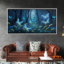 Load image into Gallery viewer, Magical Enchanted Fairy Forest, Fantasy Art, Framed Canvas Print, Bioluminescent Butterflies in an Enchanted Forest, Glowing Art
