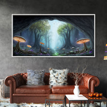 Load image into Gallery viewer, Magical Enchanted Mushroom Forest, Fantasy Art, Framed Canvas Print, Bioluminescent Butterflies in an Enchanted Forest, Glowing Art
