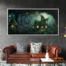 Load image into Gallery viewer, Gnome City, Wall Art, Fantasy Canvas Print, Framed Art, Tiny Gnome Houses On The Forest Floor
