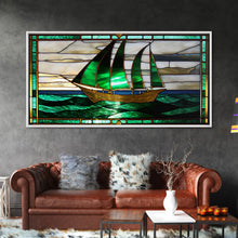 Load image into Gallery viewer, Emerald Green and Gold Art Deco Sail Boat, Framed Canvas Print, Retro MCM Style Wall Art, Midcentury Modern, Vintage Style, Stained Glass

