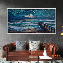 Carregar imagem no visualizador da galeria, Full Moon Over Beach &amp; Ocean Waves - Framed Canvas Print - Lighthouse and Beach Art - Lakehouse Art - Beach House - Living Room Decor
