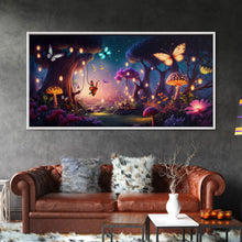 Load image into Gallery viewer, Vibrant Fantasy Forest Wall Art, The Forest Floor, Bioluminescent Glowing Butterflies, Gift, Framed Canvas Print
