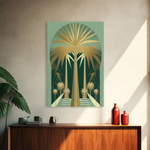 Load image into Gallery viewer, Boho Modern Frank Lloyd Wright-inspired Art Deco Canvas Print, Emerald Green and Gold Palm Tree, wall decor, wall art original, MCM Art
