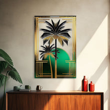 Load image into Gallery viewer, Boho Modern Frank Lloyd Wright-inspired Art Deco Canvas Print, Emerald Green and Gold Palm Tree, wall decor, wall art original, MCM Art
