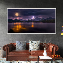 Carregar imagem no visualizador da galeria, Full moon canvas print, Lightning storm over a mountain lake at night, cool wall art, awesome wall art
