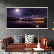 Carregar imagem no visualizador da galeria, Full moon canvas print, Lightning storm over a mountain lake at night, cool wall art, awesome wall art

