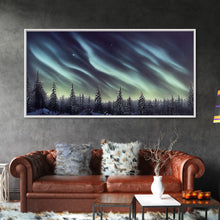 Cargar imagen en el visor de la galería, Aurora borealis over a snowy northern forest, canvas print, scenic winter landscape art, northern lights
