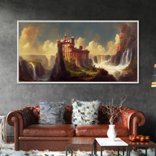 Cargar imagen en el visor de la galería, Fantasy wall art, canvas print, castle in the sky, castle atop mountains and waterfalls, watercolor

