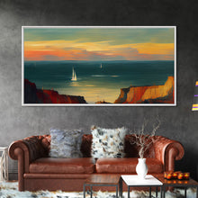 Carregar imagem no visualizador da galeria, Canvas print of sail boats on the ocean, sailing at sunset, cool lakehouse art, living room wall art, sailboats, watercolor
