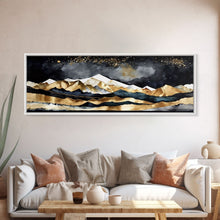 Carregar imagem no visualizador da galeria, Black &amp; Gold Mountain Landscape Painting, Framed Canvas Print, Panoramic Art, Extra Wide Art, Center Piece Decor, Above Fireplace or Sofa
