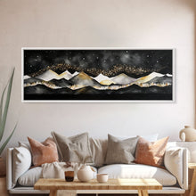 Cargar imagen en el visor de la galería, Black &amp; Gold Mountain Landscape Painting, Framed Canvas Print, Panoramic Art, Extra Wide Art, Center Piece Decor, Above Fireplace or Sofa
