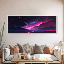 Load image into Gallery viewer, Beautiful Science Fiction Wall Art, Synthwave Style Scifi Art, Framed Canvas Print, Panoramic Alien Worlds and Star Filled Night Sky
