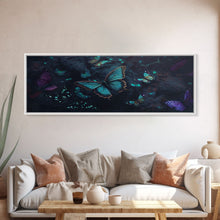 Load image into Gallery viewer, Blue Butterflies, Framed Canvas Print, Bioluminescent Glowing Butterfly Art, Framed Wall Art
